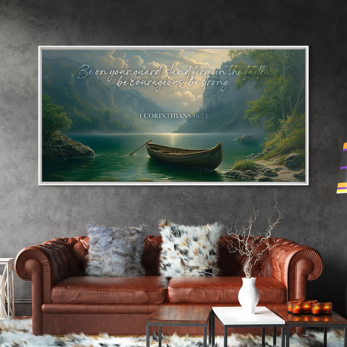 1 Corinthians 16:13 Be Strong Canoe Lake Mountains Scripture Wall Art - Image 6