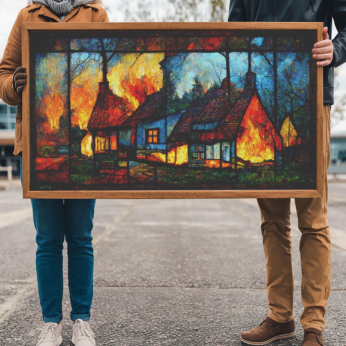 Stained Glass Cottage On Fire Night Scene Bold Fiery Gothic Art Poster - Image 3