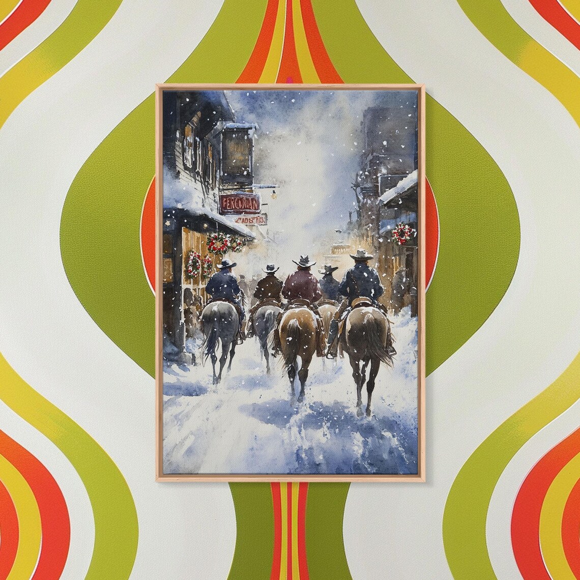 Cowboys Riding Into Snowy Western Town At Christmas Time Poster - Image 2