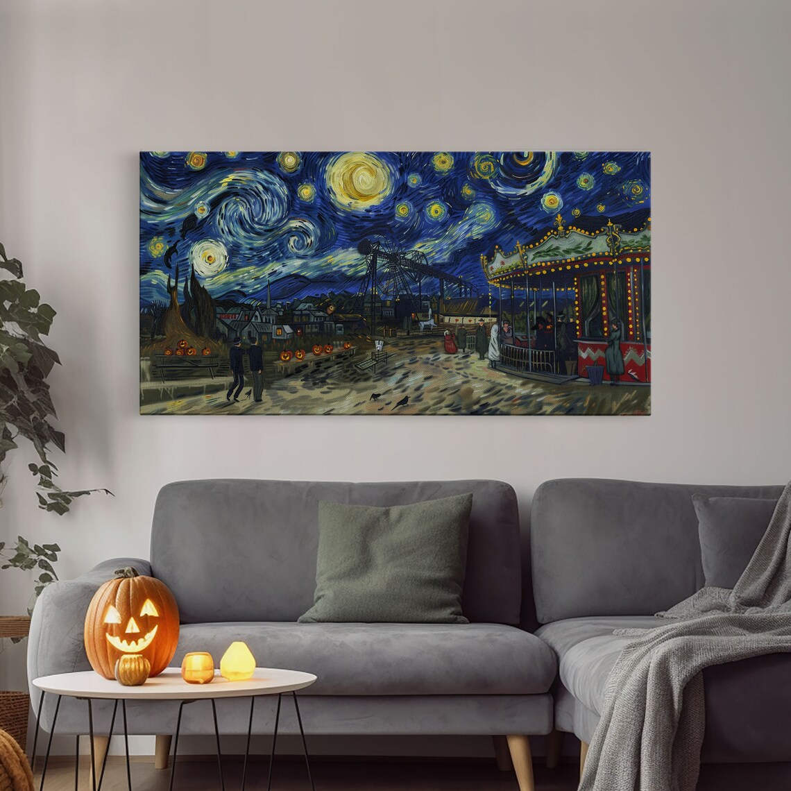 Starry Night Haunted Carnival Carousel Ferris Wheel Pumpkins Halloween Poster - Image 4