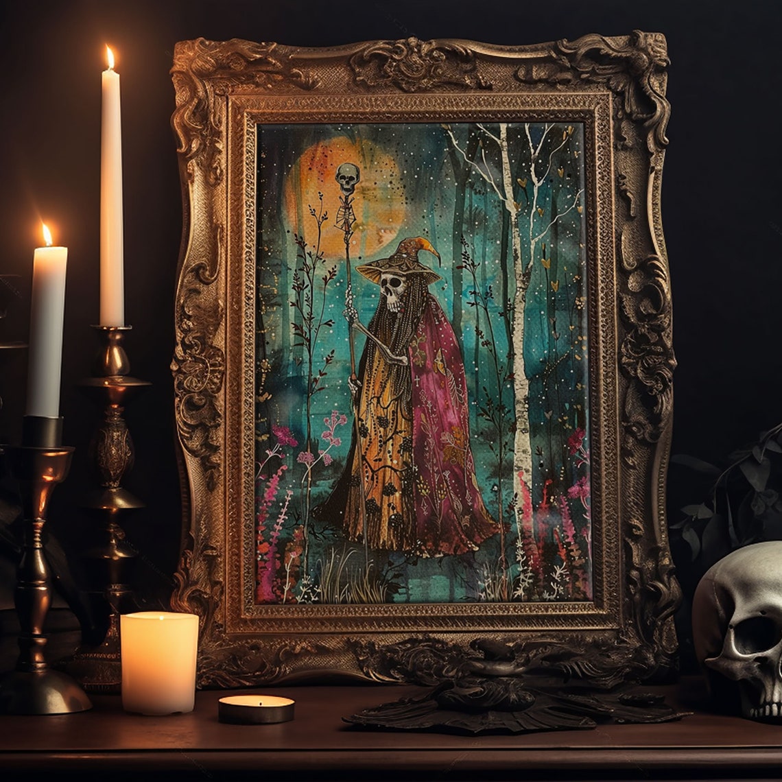 Skeleton Witch Skull Staff Full Moon Birch Forest Art Poster - Image 6