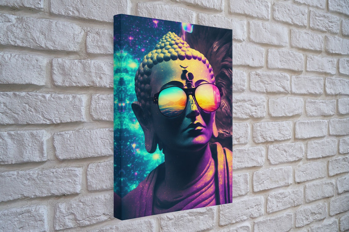Open Your Mind Psychedelic Buddha Statue Wearing Aviators Sunglasses Meditation Art Framed Print Color Pop Art - Image 4