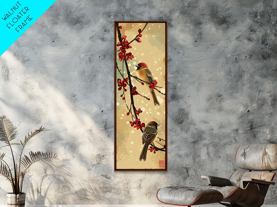 Pair Of Songbirds Cherry Blossoms Winter Snowfall Tall Art Print