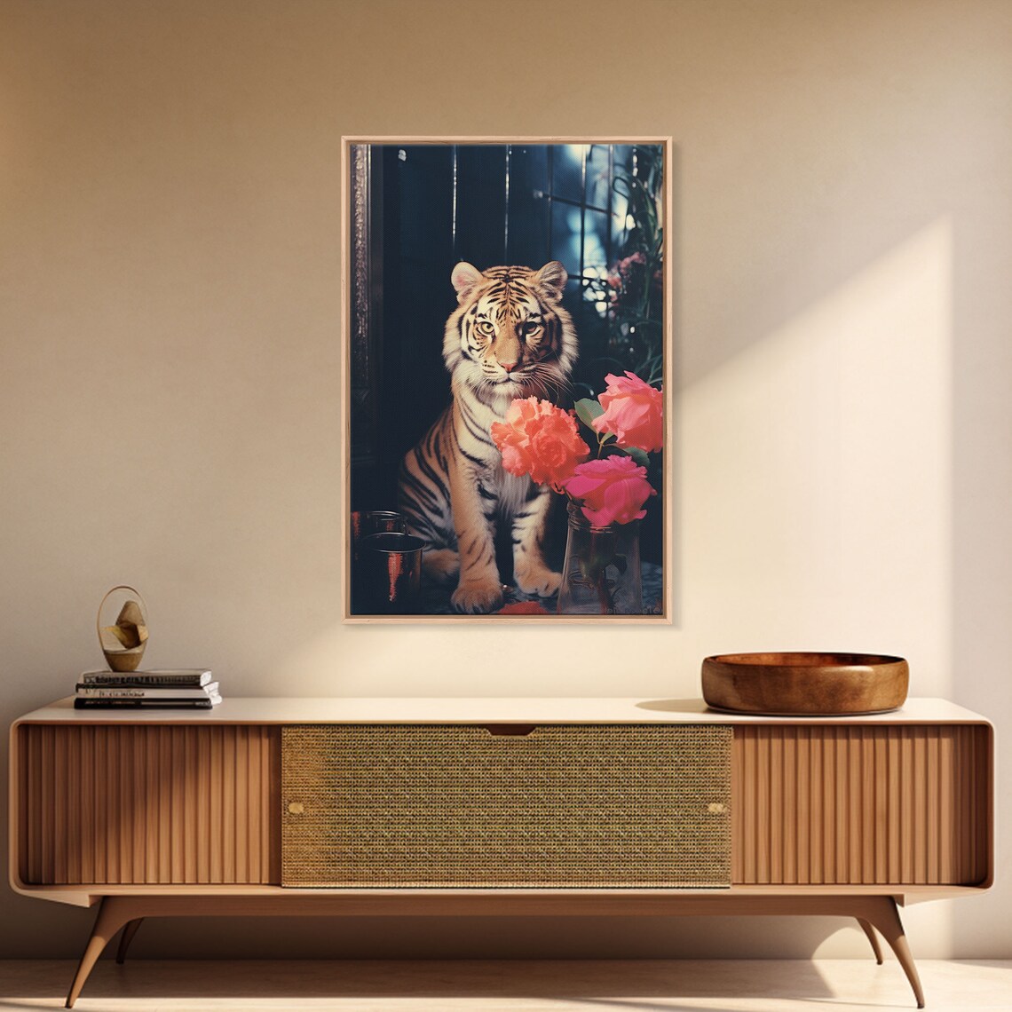 Adorable Tiger Cub With Pink Roses Moody Floral Photography Poster - Image 3
