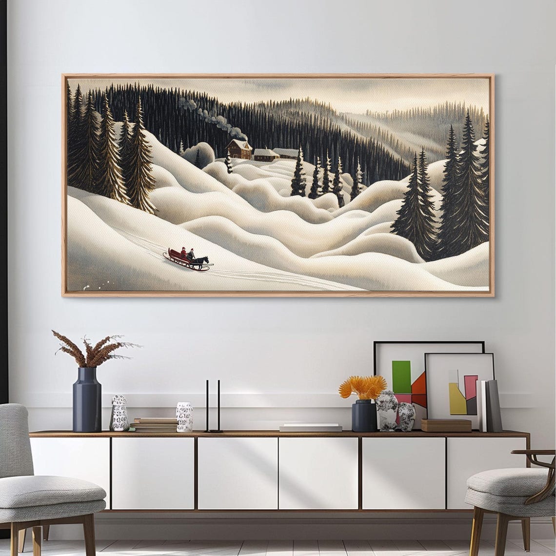 Horse Drawn Sleigh Ride Through Snowy Mountain Valley Art Print - Image 2