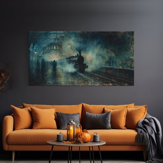Haunted Steam Train Misty Victorian Station Night Spooky Halloween Wall Art