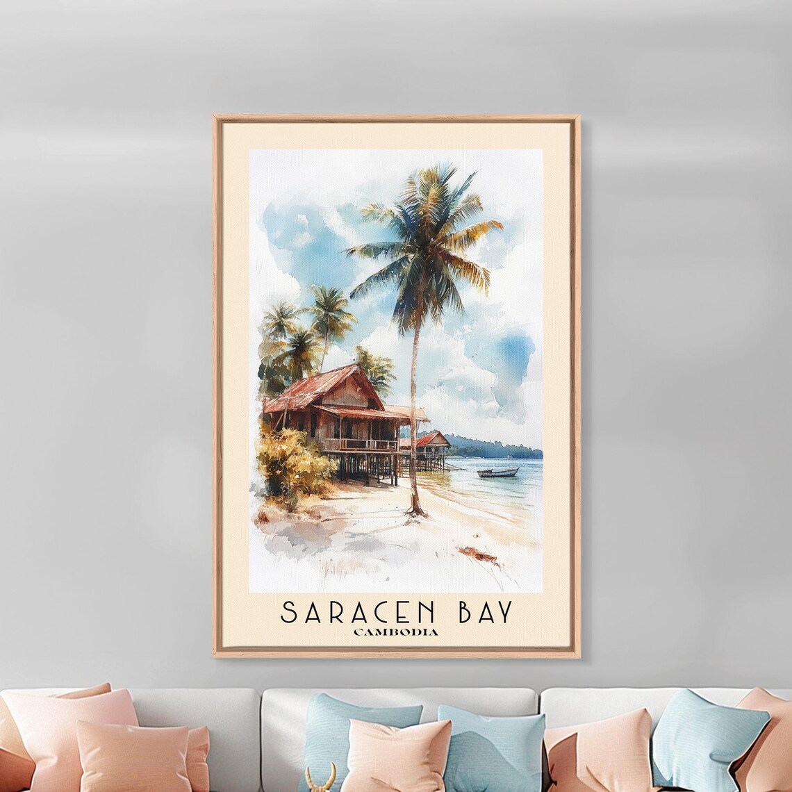 Saracen Bay Cambodia Stilt Beach Huts Coconut Palm Boat Watercolor Poster - Image 2