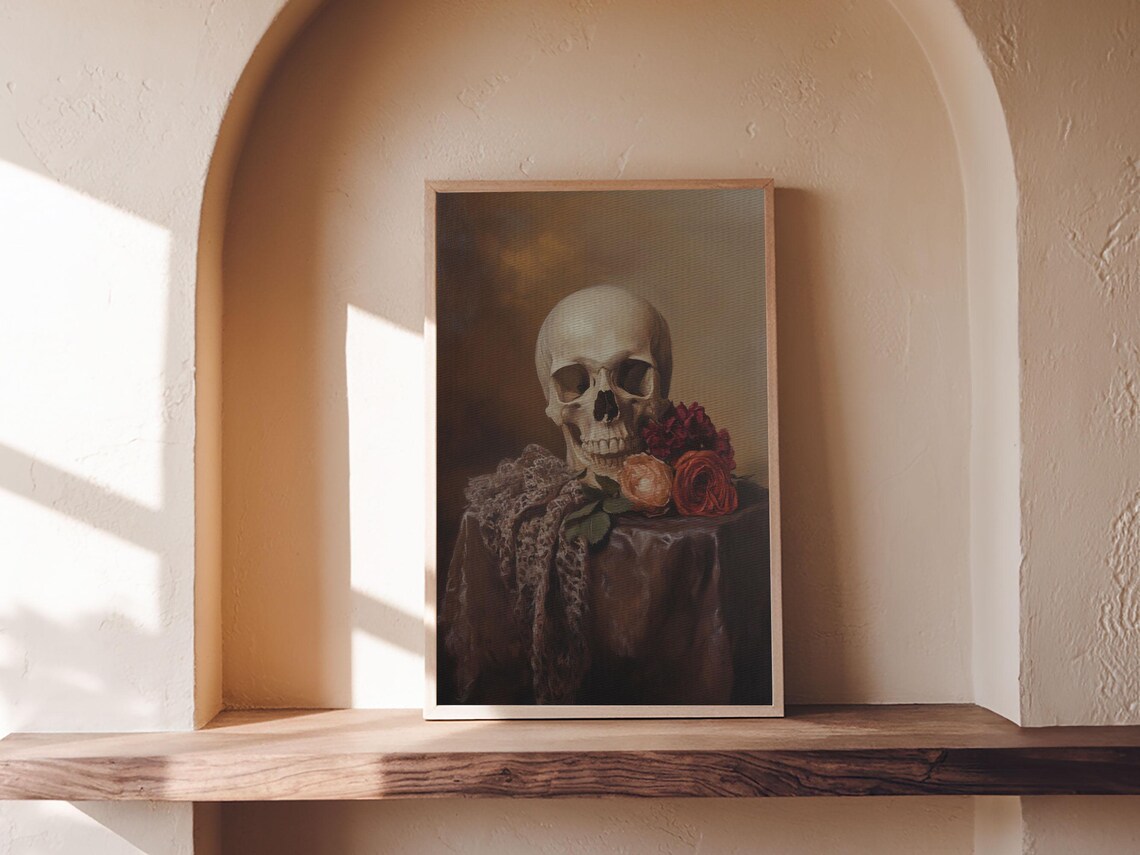 Skull And Roses Dark Academia Still Life Oil Painting Memento Mori Wall Art - Image 4