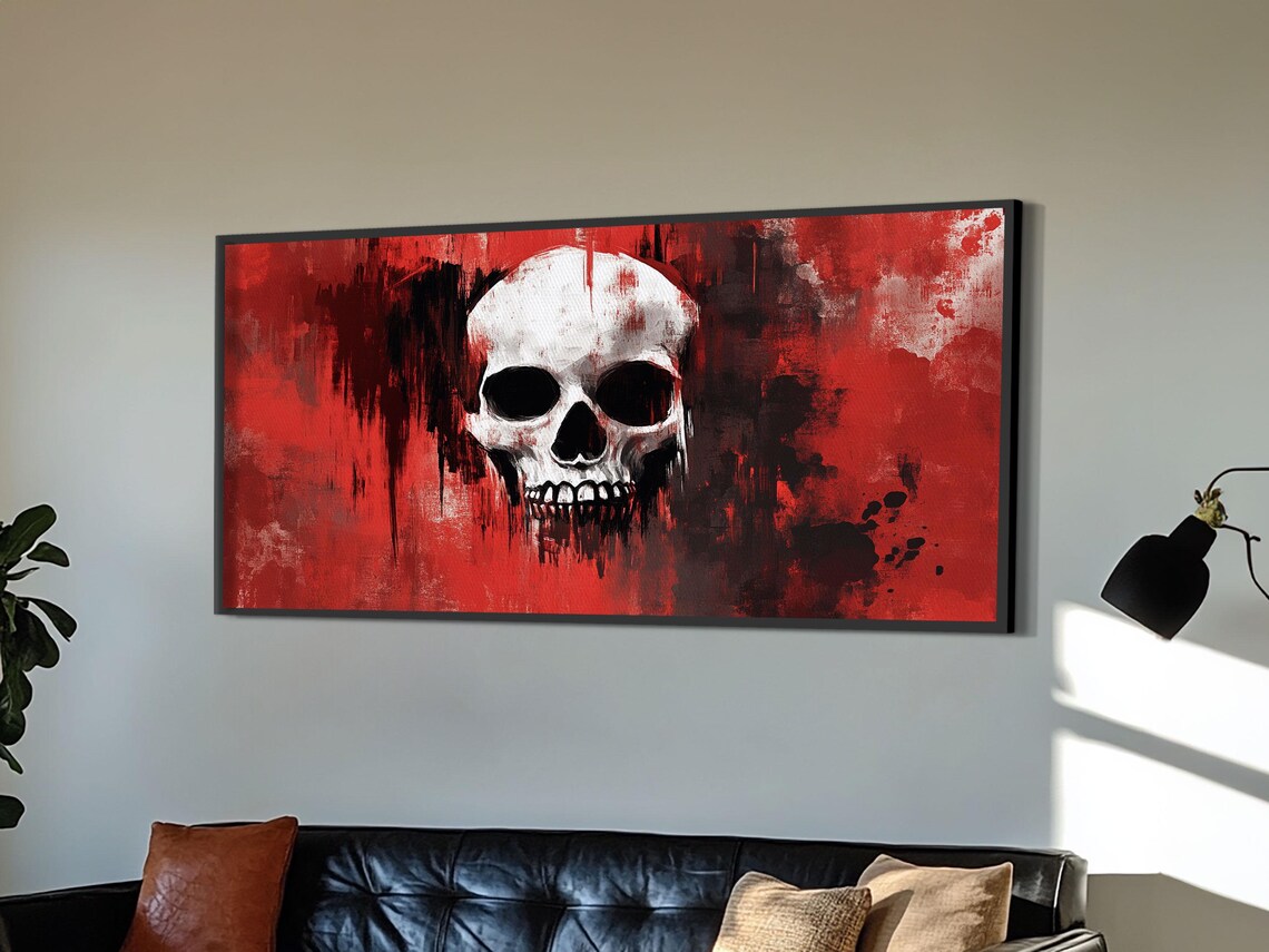 Moody Skull On Red Abstract Dark Grunge Halloween Wall Art Poster - Image 2
