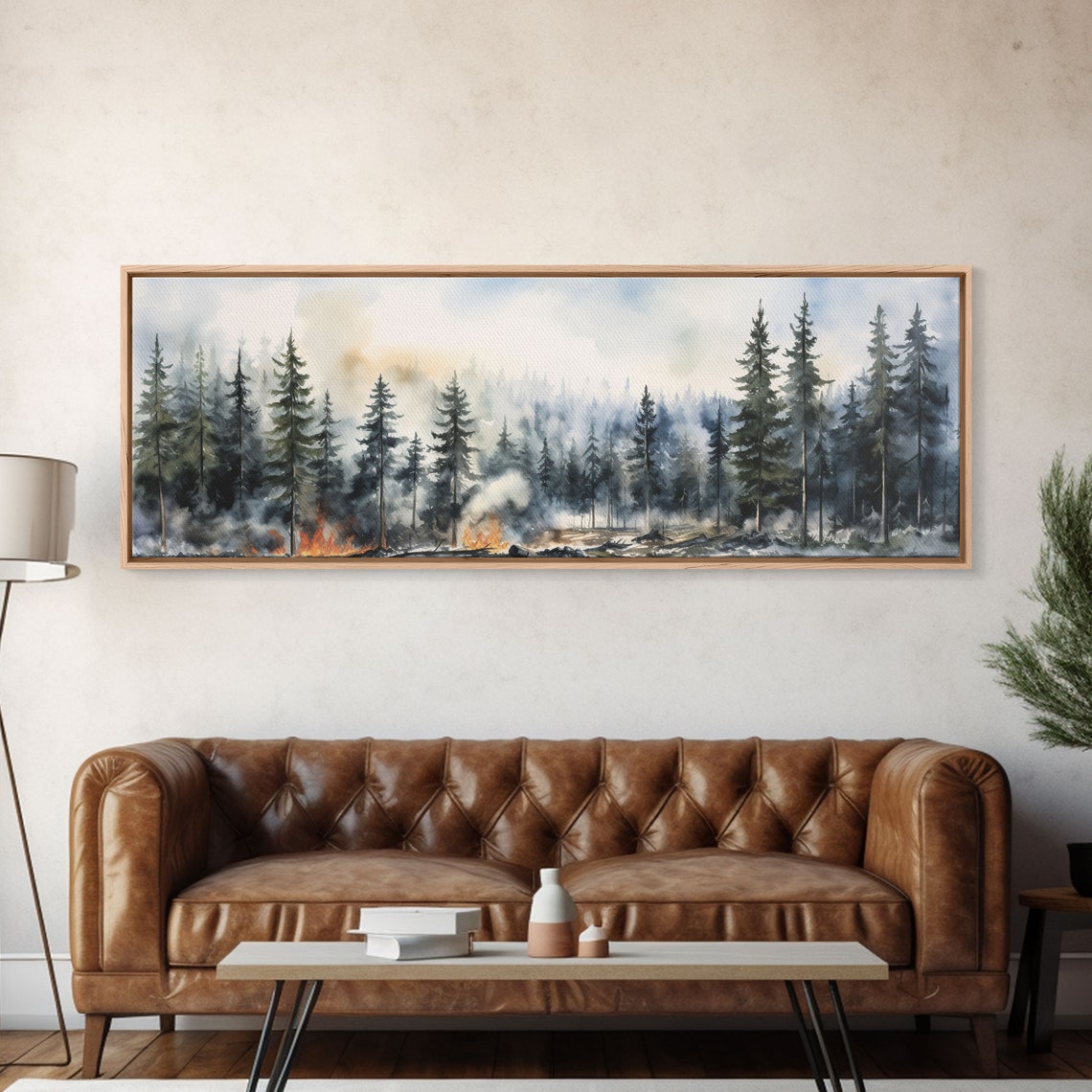 Forest Fire Watercolor Misty Tall Pine Trees Panoramic Print - Image 5