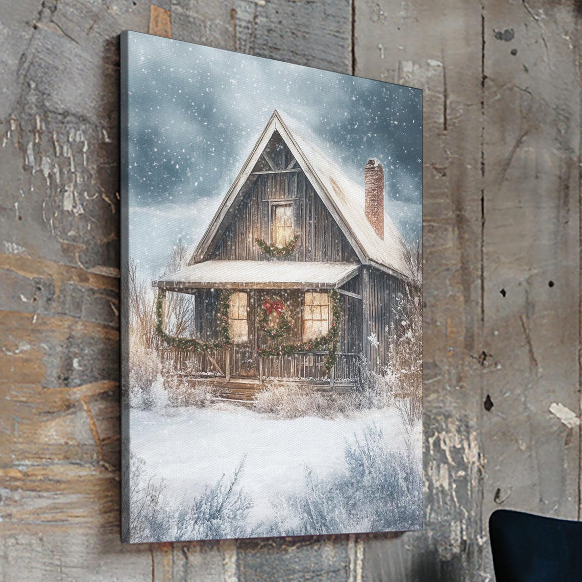A-Frame Cabin In Snowstorm With Christmas Garlands Winter Poster