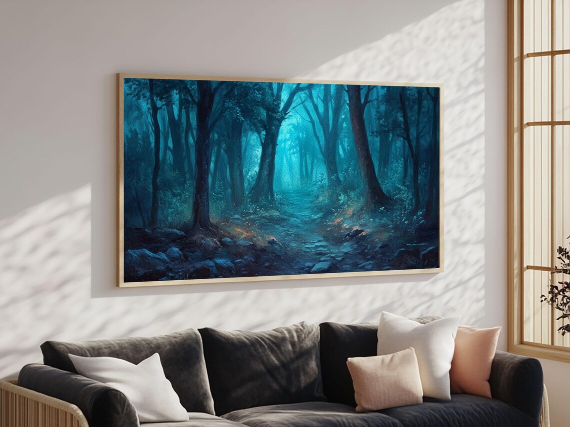 Dark Misty Forest Path Teal Fog Moody Woodland Painting Art Poster - Image 2