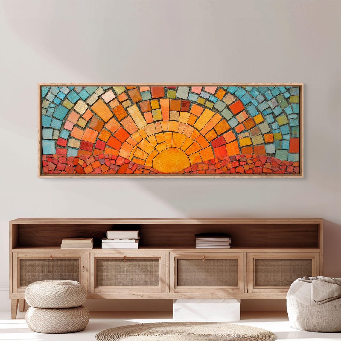 Wood Framed Mid Century Modern Wall Art Sunset Mosaic Tiles Print Horizontal Modern Wall Art Panoramic Above Bed Decor Boho Wall Art - Image 5