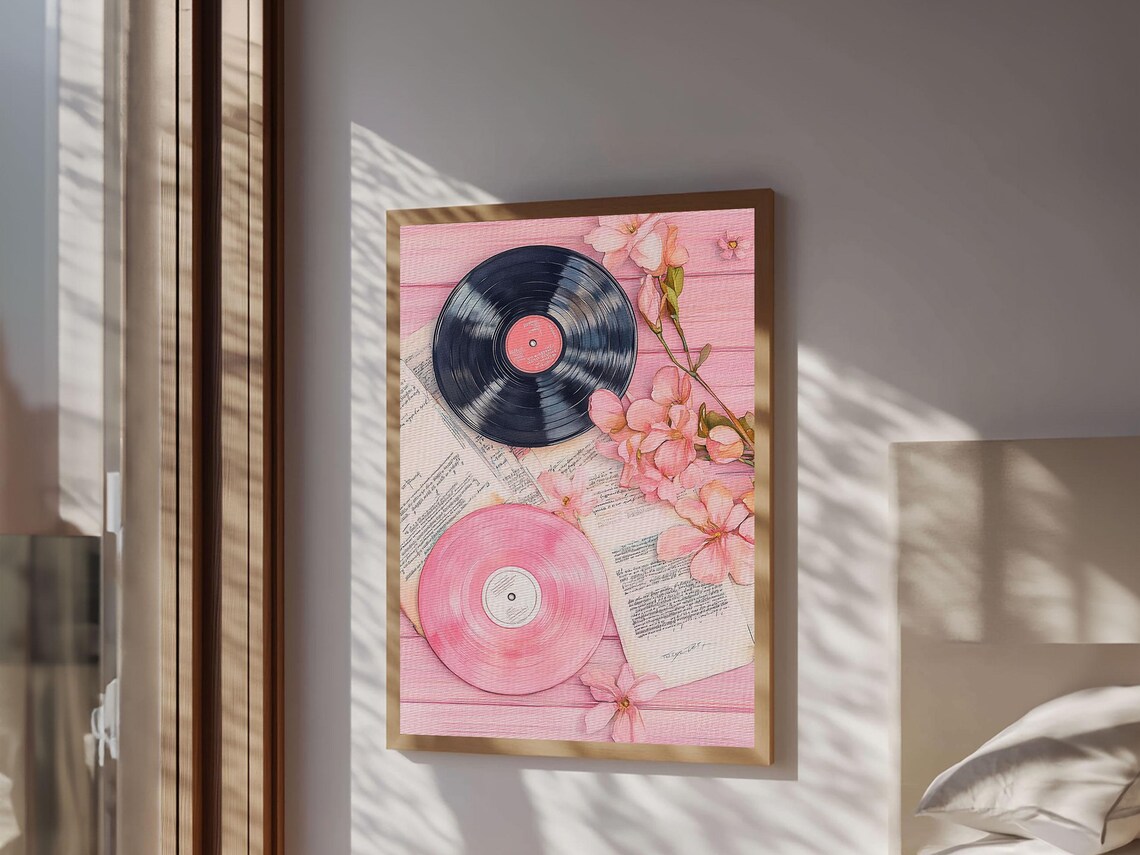 Vinyl Records with Pink Flowers Watercolor Print Retro Music Wall Poster - Image 5