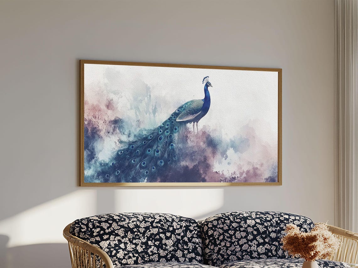 Peacock Watercolor Misty Blue Purple Elegant Wildlife Wall Art Poster - Image 4