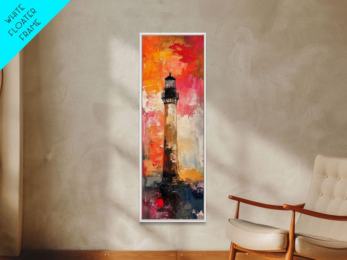 Abstract Lighthouse Painting Pink Orange Sunset Coastal Art Poster - Image 3
