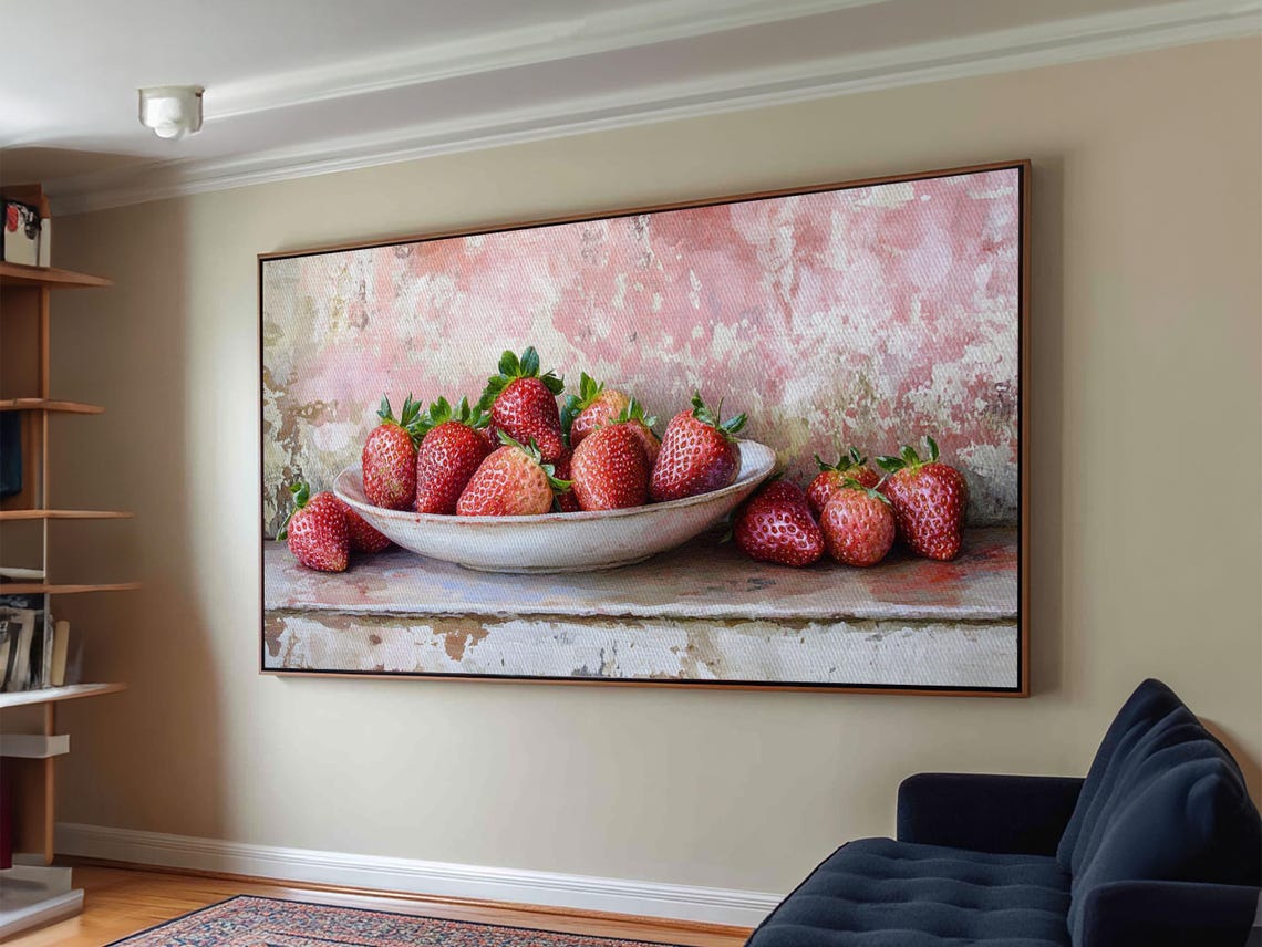 Fresh Strawberries In Bowl Rustic Pink Watercolor Kitchen Art Poster - Image 3