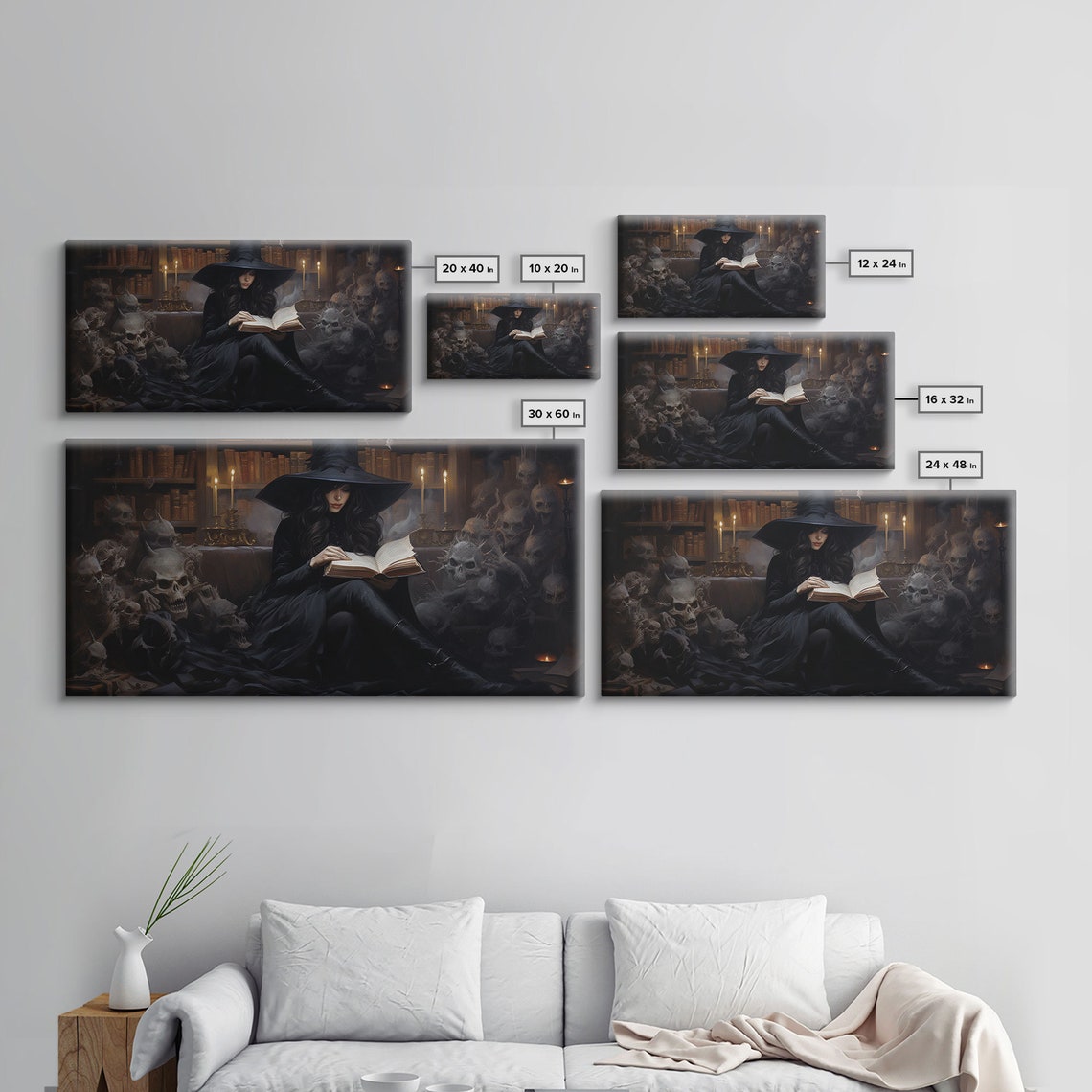 Witch Reading Spell Book In Library Of Skulls Gothic Panoramic Print - Image 2