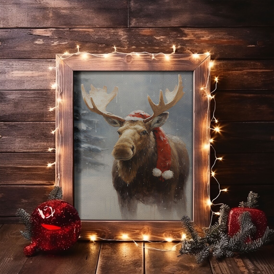 Silly Moose Dressed for Christmas, Vintage Art Print