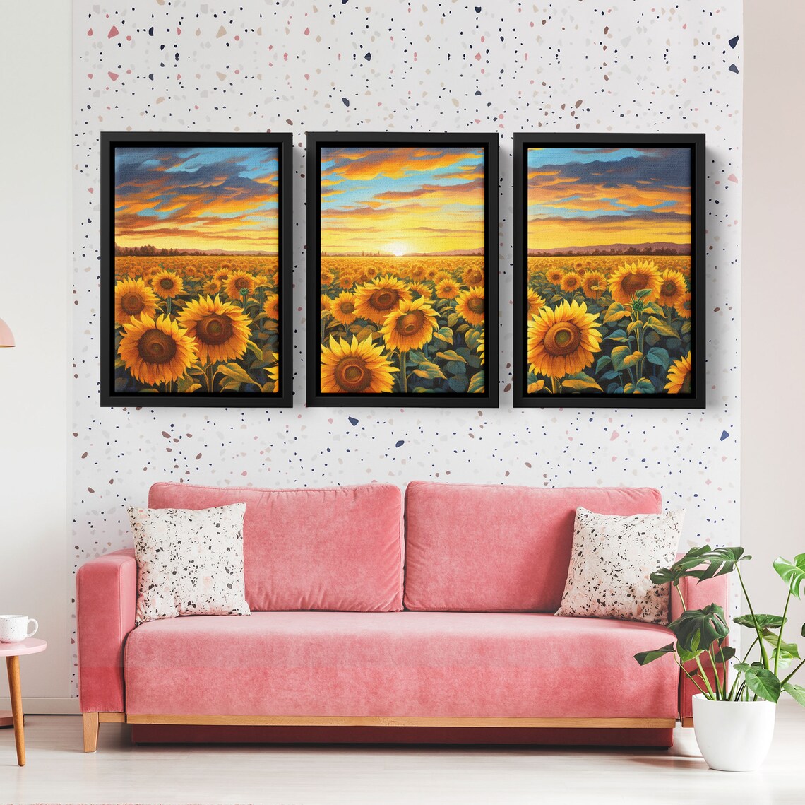 Sunflower Field Sunset Triptych Vibrant Golden Blooms Wall Art Poster - Image 3