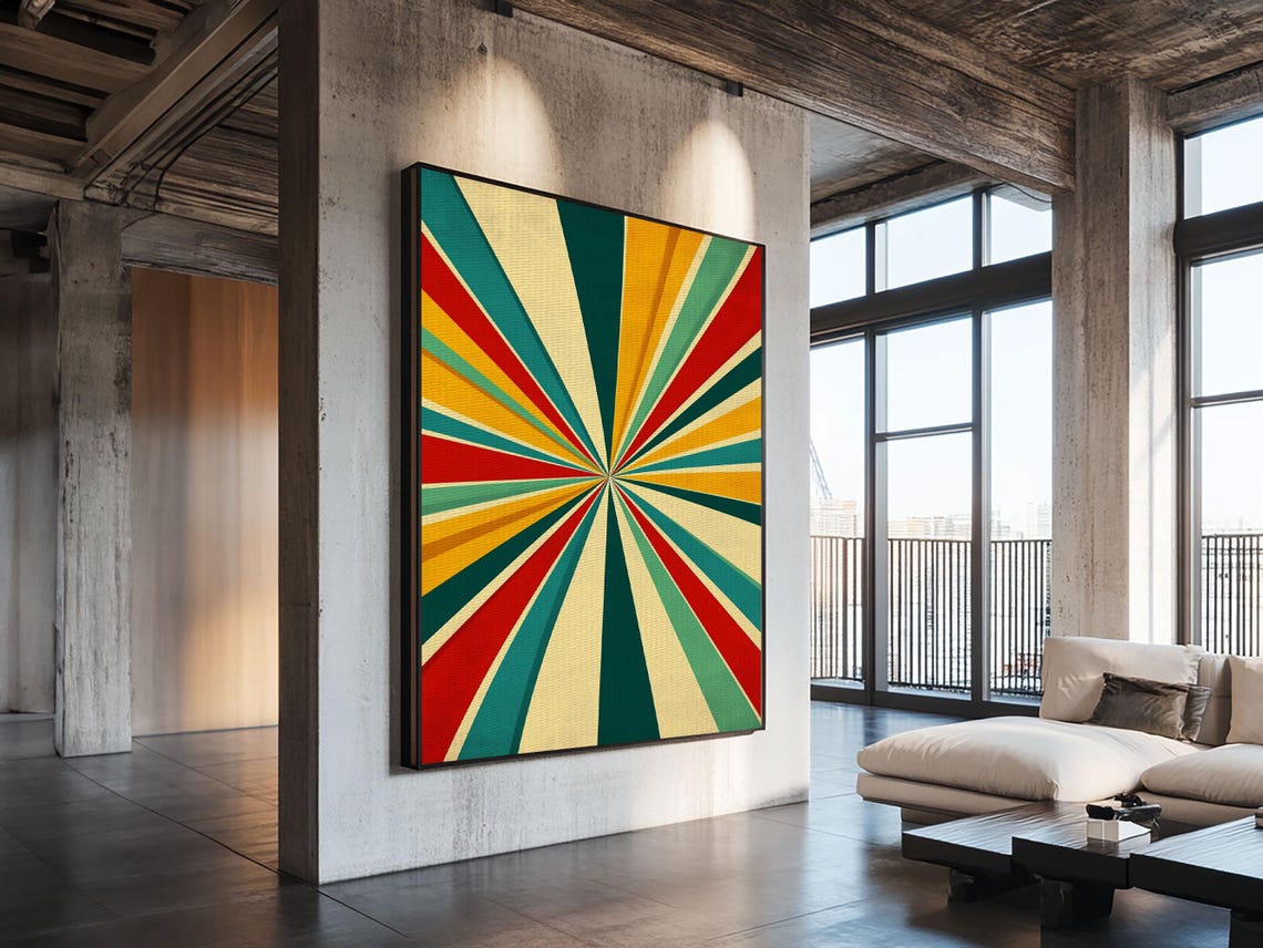 Retro Red Teal Yellow Sunburst Rays Vintage Style Abstract Poster - Image 2