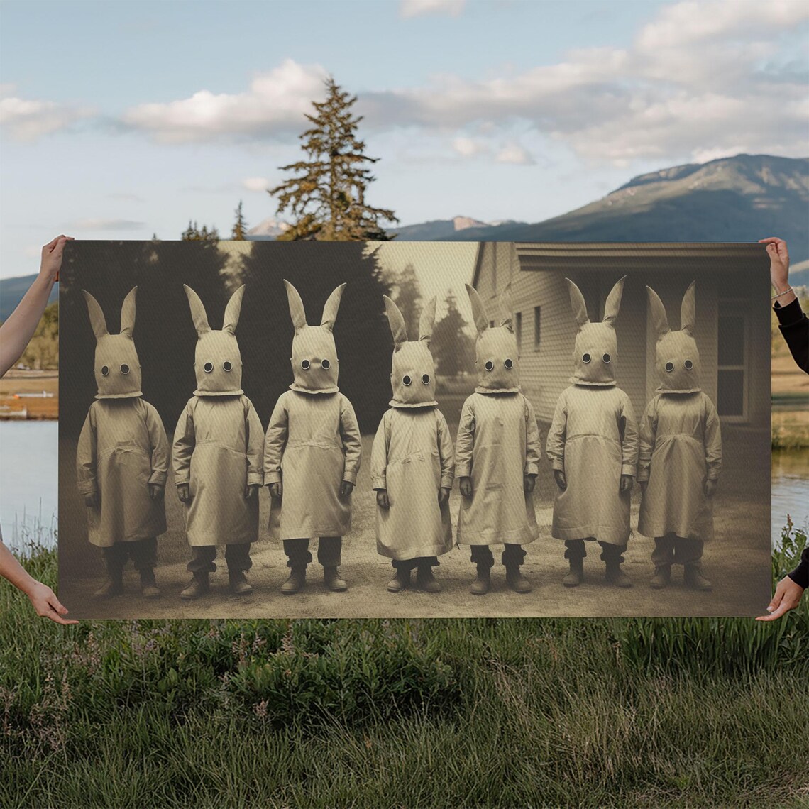 Seven Children In Bunny Masks Vintage Sepia Photo Creepy Art Print - Image 6