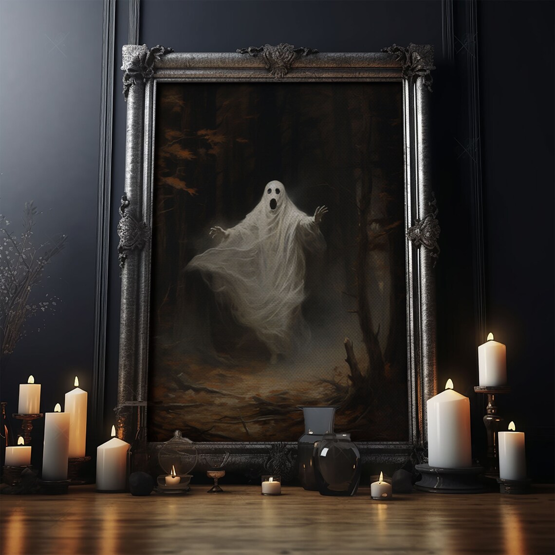 Ghost Dancing In Dark Haunted Autumn Forest Spooky Halloween Art Poster