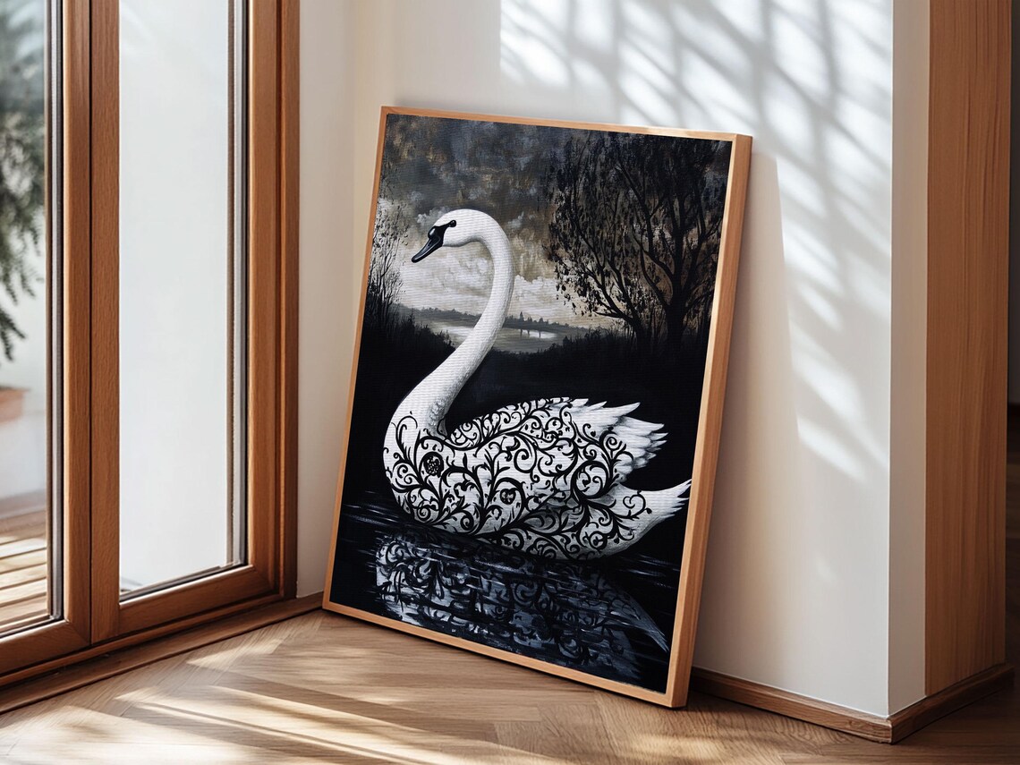 Elegant Gothic Black And White Swan Filigree Moody Lake Art Print - Image 3