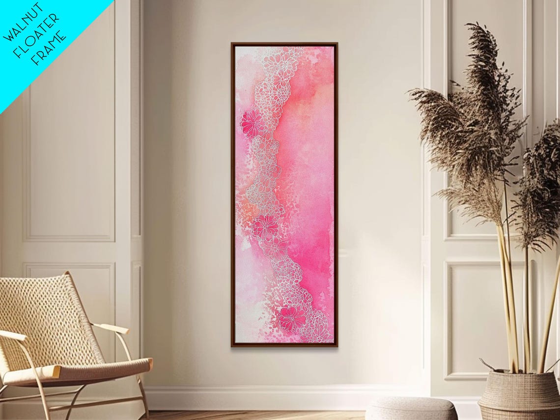 Pink Abstract Watercolor White Lace Floral Detail Vertical Wall Art - Image 4