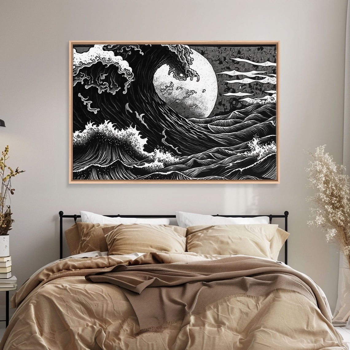 Great Wave Moon Black And White Japanese Woodblock Style Ocean Poster - Image 5