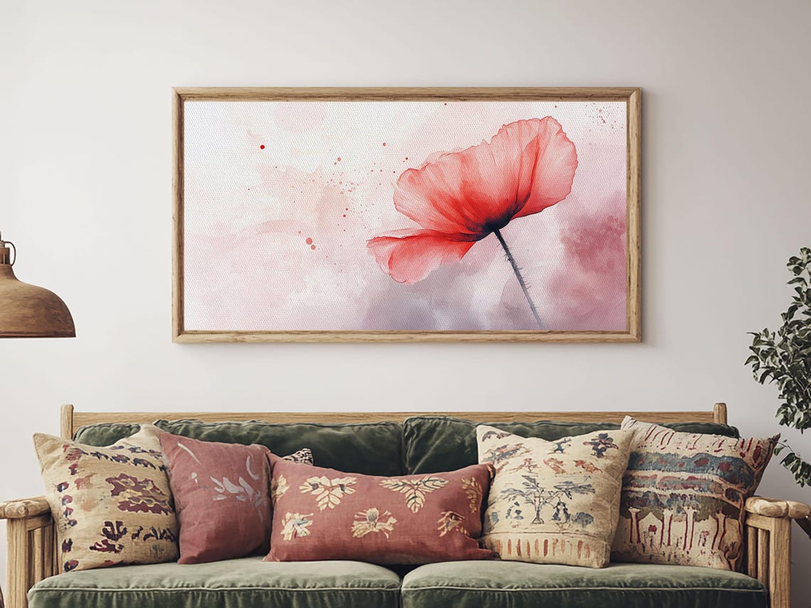 Coral Red Poppy Bloom Minimalist Watercolor Soft Blush Wall Art Poster - Image 5
