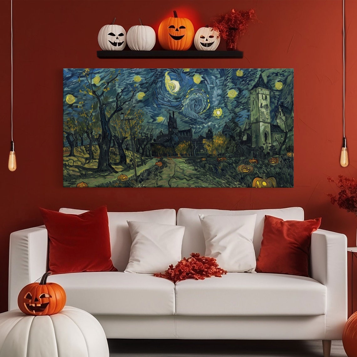 Starry Night Halloween River Path Jack O Lanterns Church Spooky Poster - Image 6
