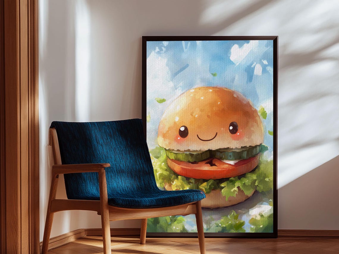 Kawaii Smiling Hamburger Cute Watercolor Kitchen Wall Art Print - Image 2