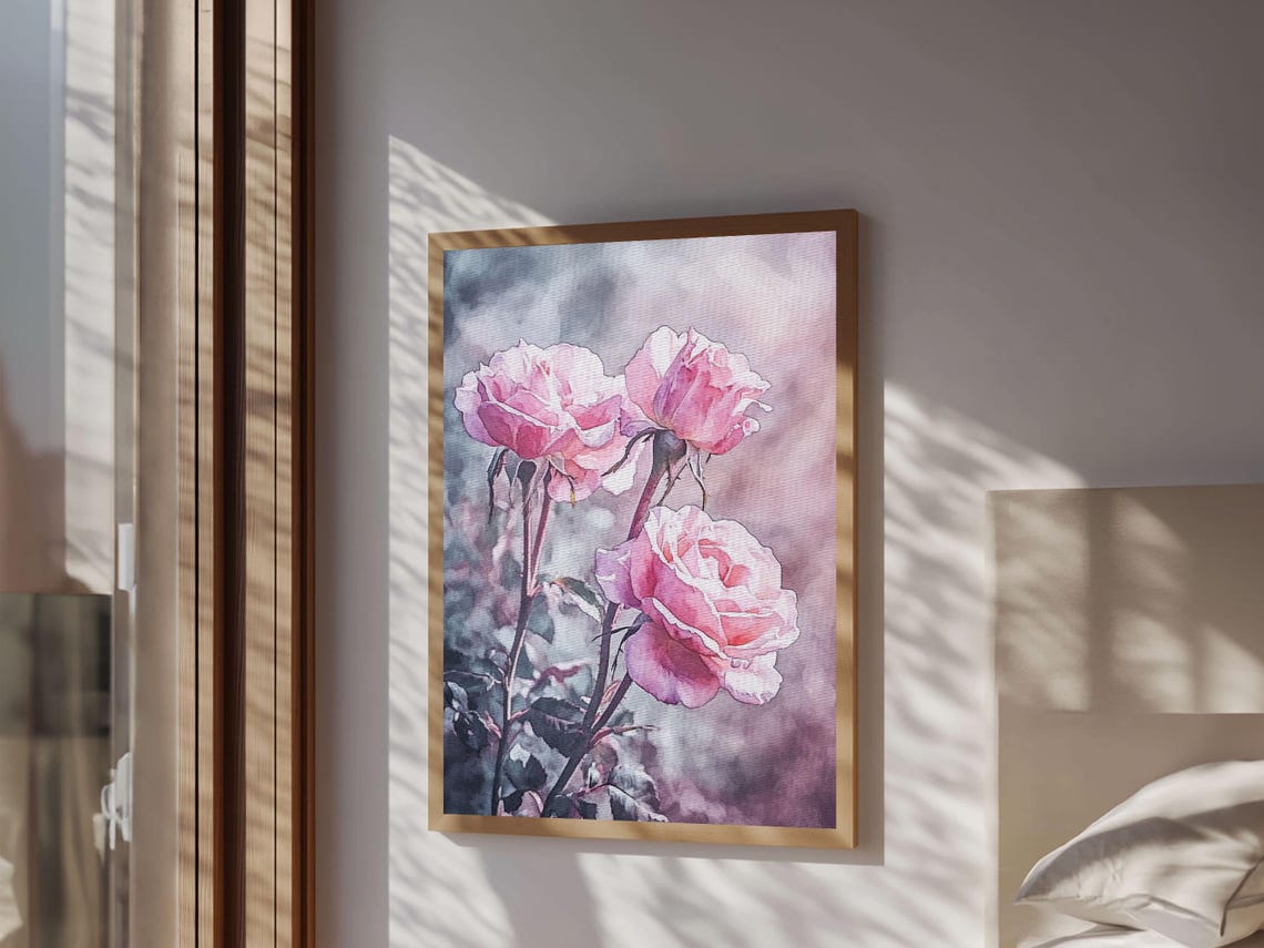 Pink Rose Watercolor Bloom Romantic Garden Floral Wall Art Poster