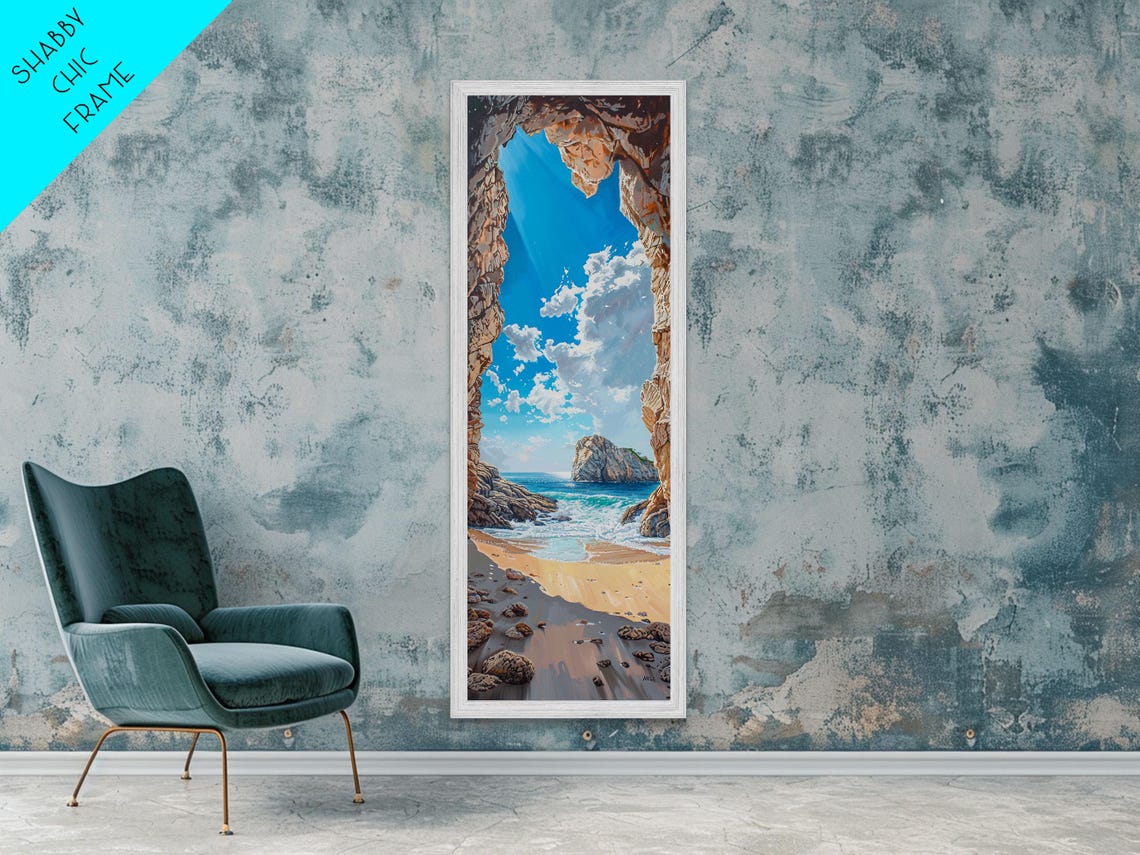 Sunlit Beach Rocky Cliff Archway Crystal Blue Sea Dramatic View Poster - Image 5