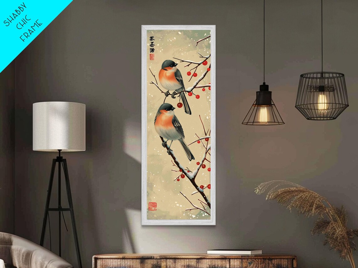 Pair Of Birds On Snowy Branches Red Berries Winter Art Print - Image 5