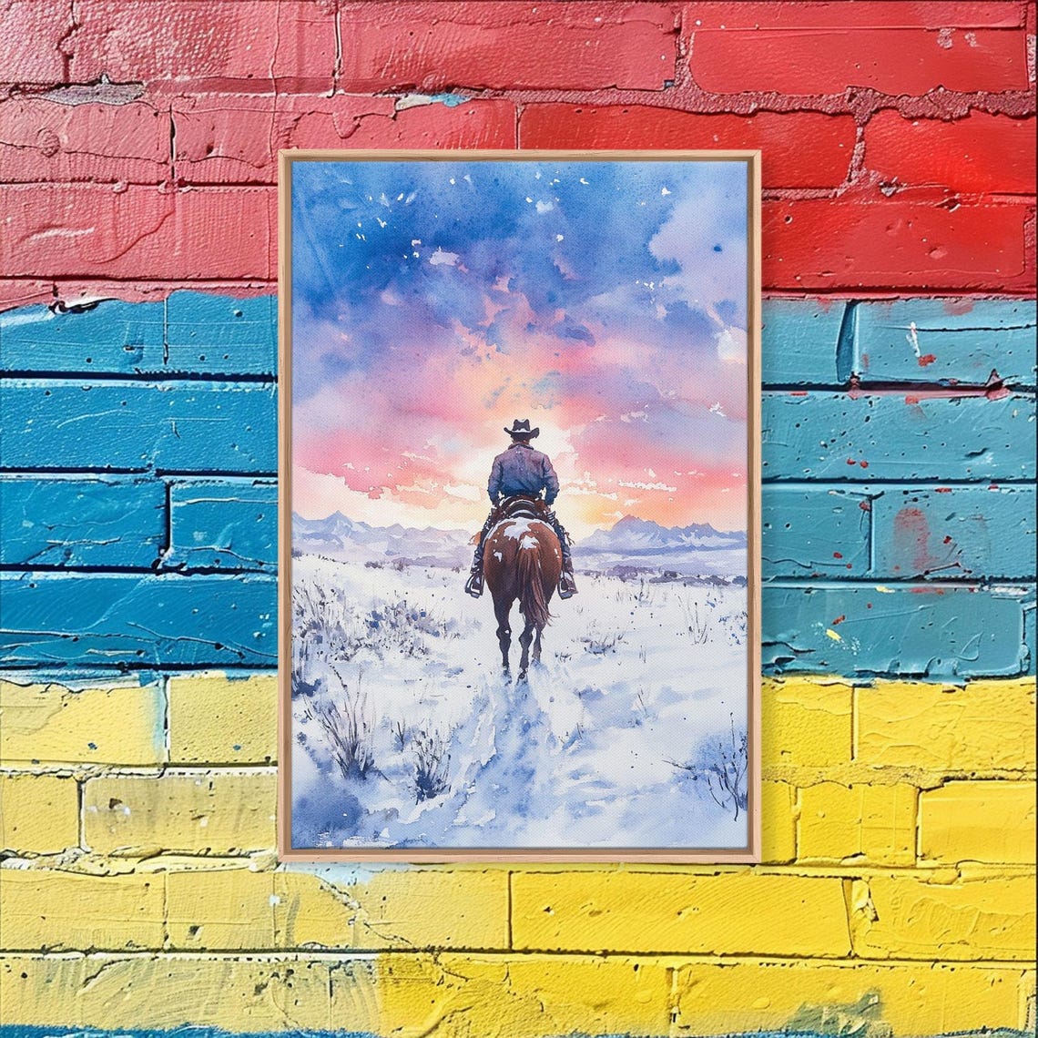 Cowboy Riding Horse Through Snow Toward Pink Sunset Mountains Poster - Image 3