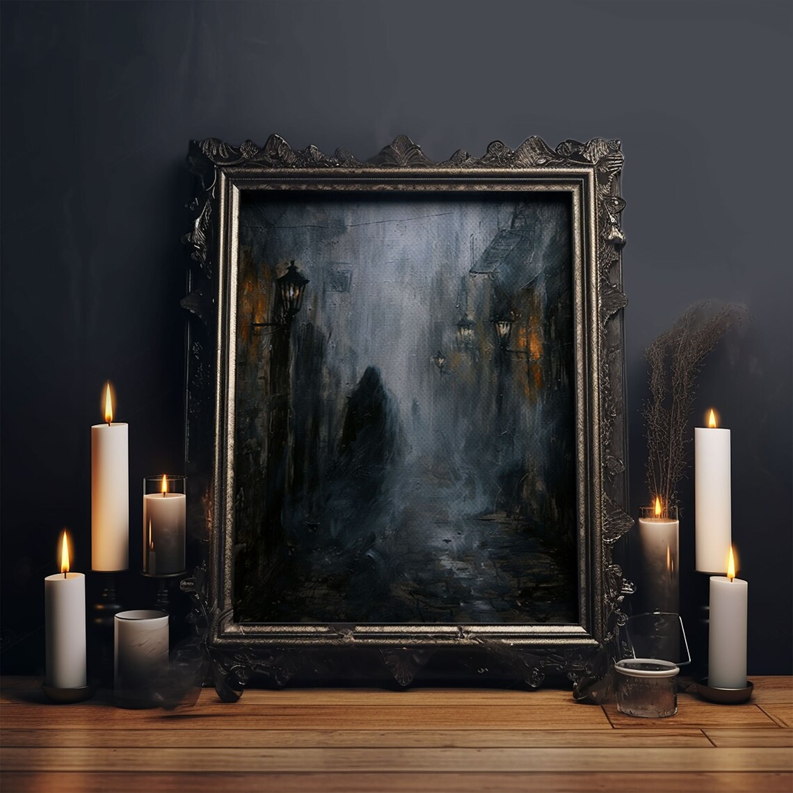 Hooded Figure In Misty Victorian Alley Spooky Foggy Night Art Poster - Image 6