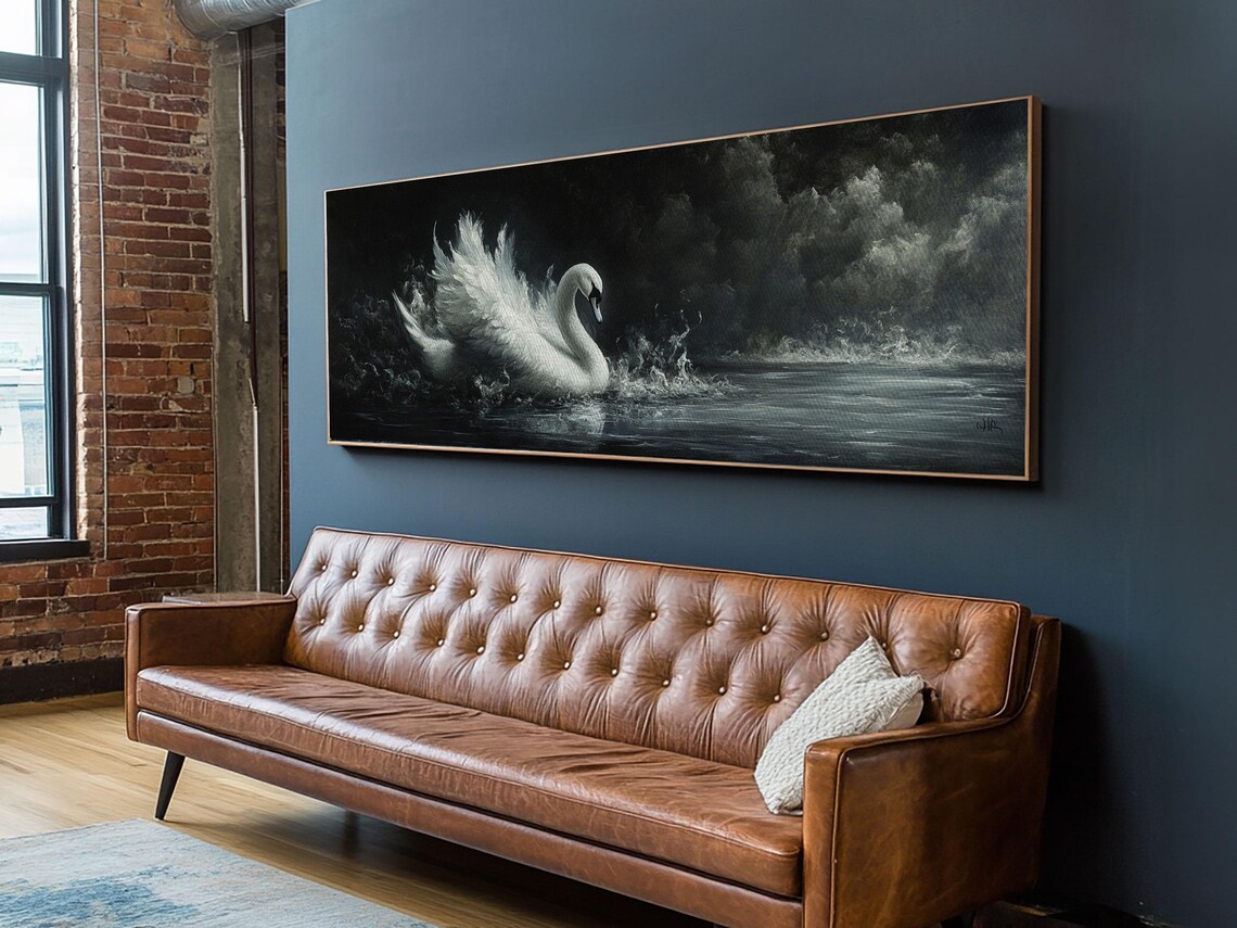 White Swan On Stormy Dark Water Panoramic Wildlife Painting Print - Image 2