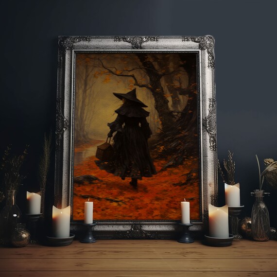 Witch Walking Autumn Forest Basket Moody Fall Halloween Art Poster