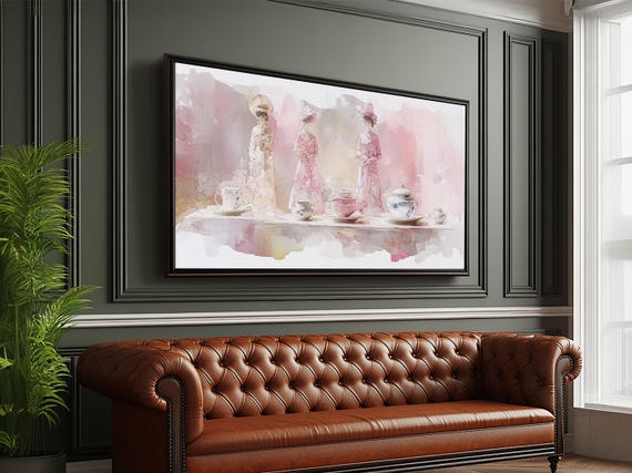 Vintage Tea Set Watercolor Framed Print Cottagecore Farmhouse Art Rustic Kitchen Wall Decor Whimsical Pink Tea Art Decor