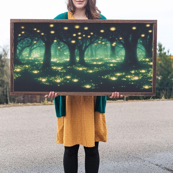 Fireflies At Night In A Fantasy Forest Framed Ready To Hang Print Beautiful Wall Art Guest Room Decor