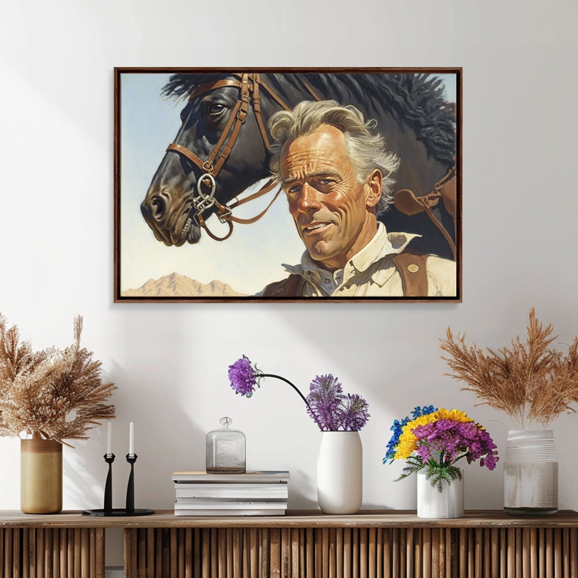 Weathered Cowboy Portrait Black Horse Desert Mountains Western Poster - Image 4