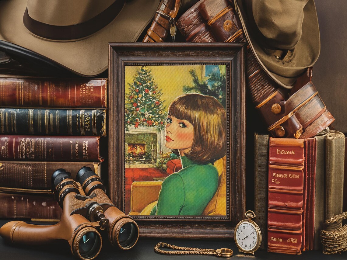 Retro 1950s Christmas Portrait Woman By Fireplace Vintage Holiday Art - Image 5