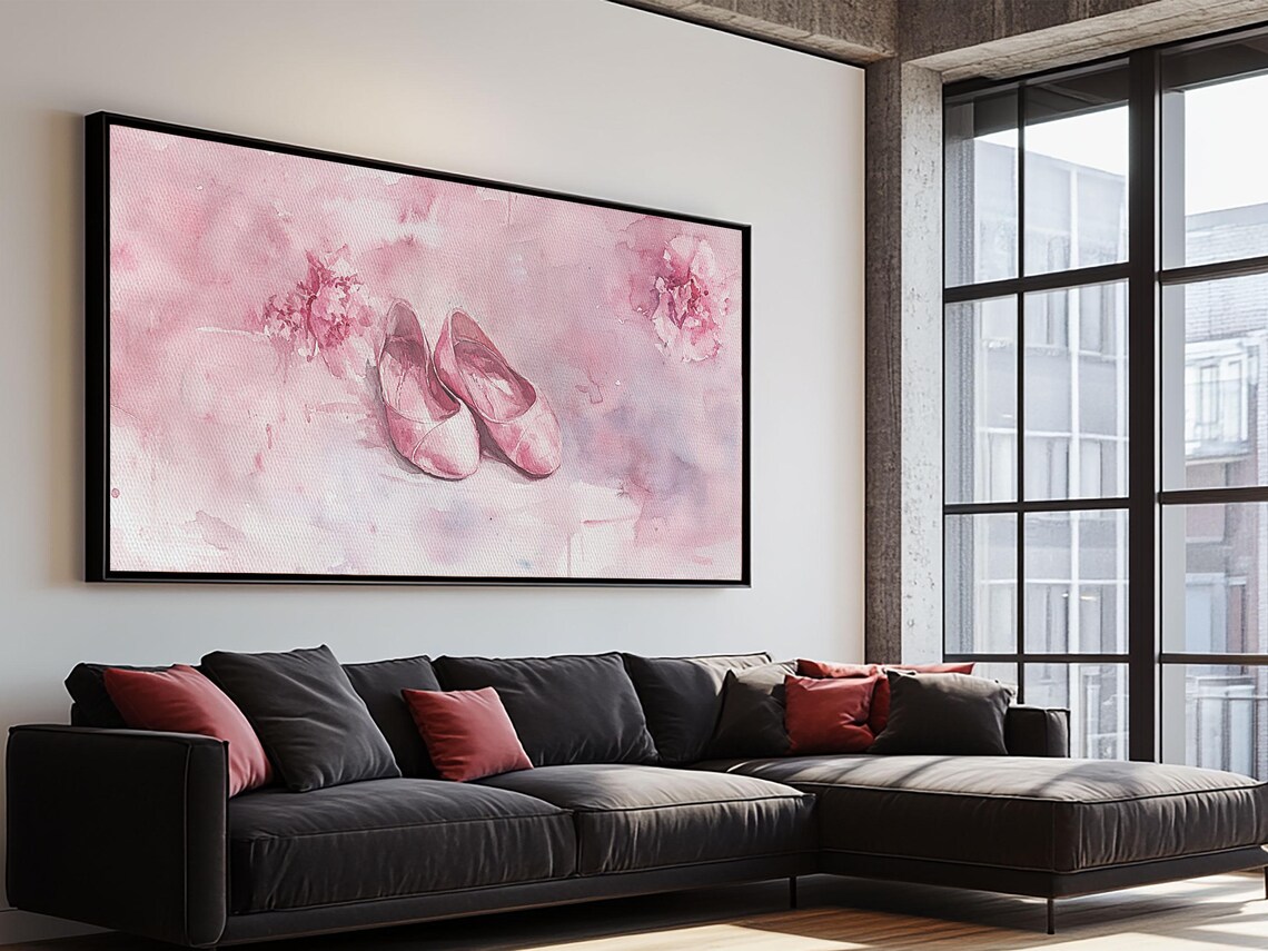Pink Ballet Shoes Wide Horizontal Watercolor Dancer Pastel Art Poster