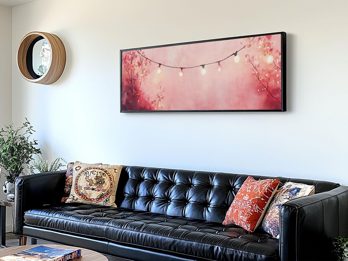 Blush Pink Fairy Lights String Watercolor Cozy Horizontal Wall Art Poster - Image 4