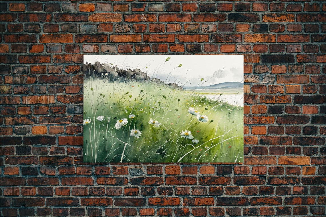 White Daisies Watercolor Hillside Green Meadow Coastal View Art Poster