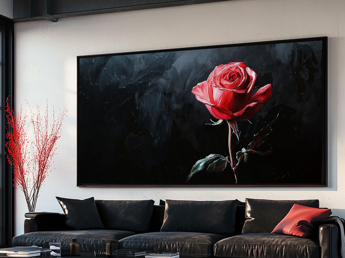 Moody Red Rose Oil Painting Single Flower on Black Background Poster - Image 4