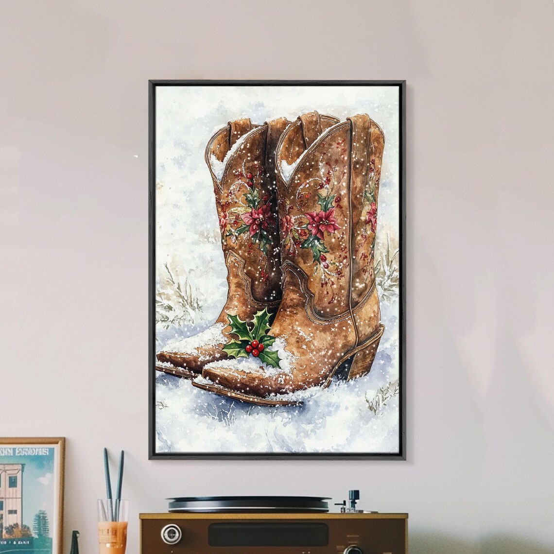 Cowboy Boots With Christmas Poinsettias In Snow Western Holiday Poster - Image 2