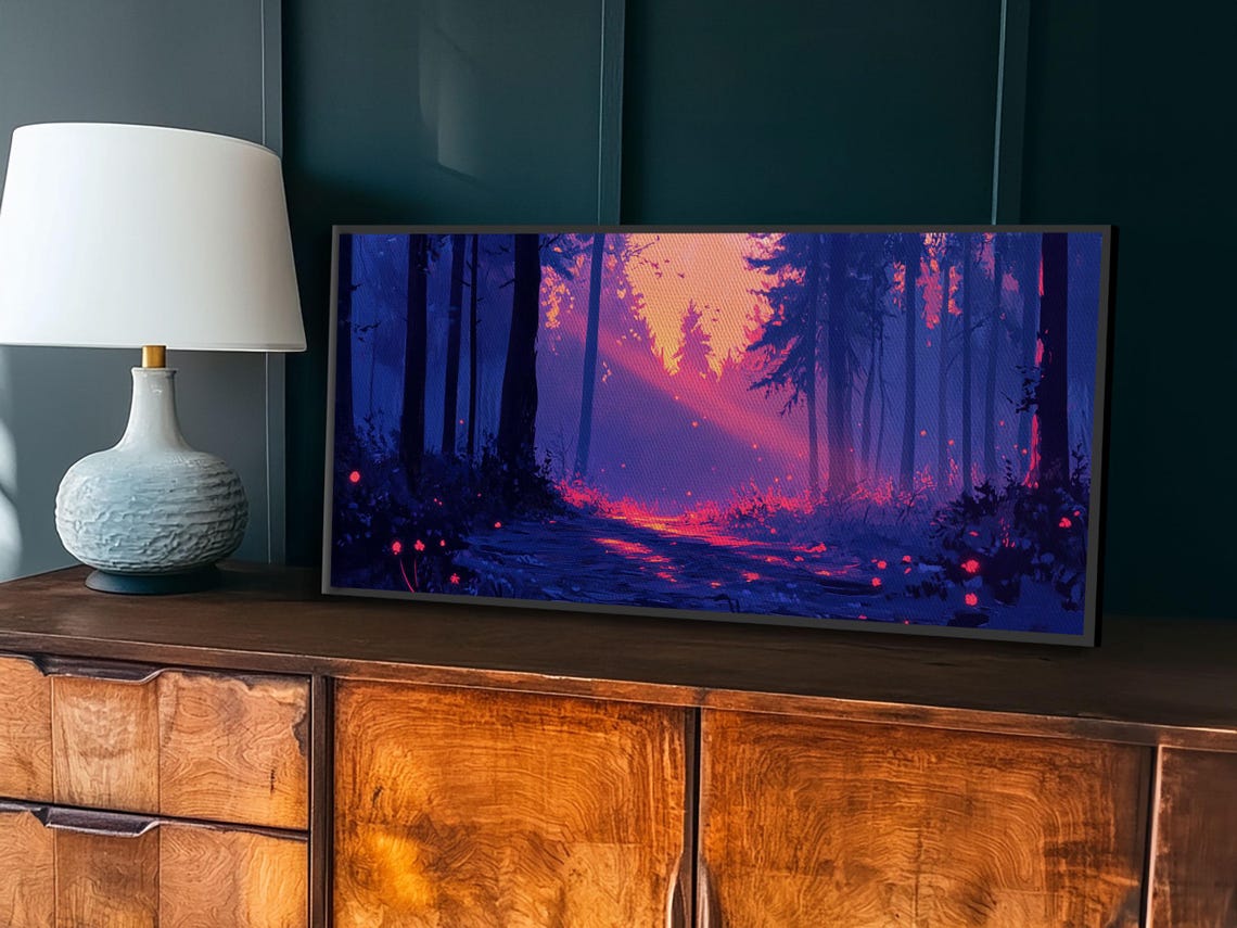 Forest Path Pink Dusk Light Purple Trees Retro Landscape Poster - Image 6